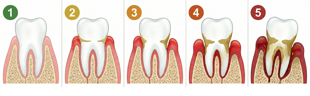 歯周病の進行5段階：健康な歯ぐきから重度歯周病までの歯と歯槽骨の変化を示す断面図