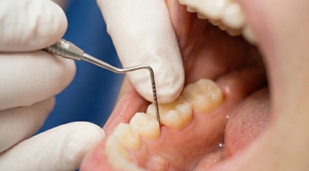 歯周ポケットに0.2Nの力でプローブを挿入する精密プロービングの手元